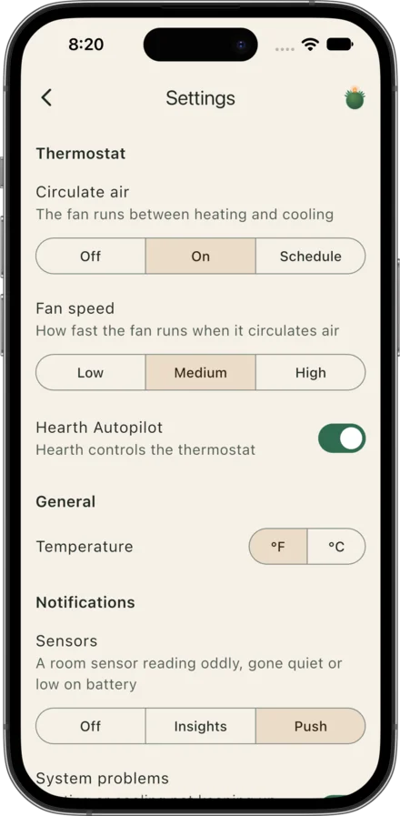 Settings for air circulation, Autopilot, units and alerts