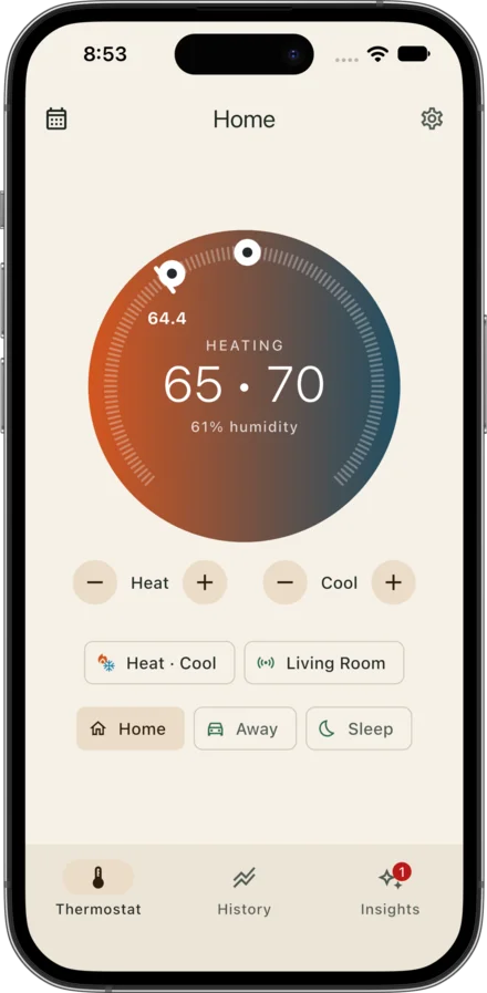 The thermostat dial with heat and cool targets, mode and presets